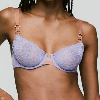 Andres Sarda Lovelace pastel lavender lace full cup bra with gold ring details