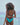 Back side of model wearing open-back structured turquoise-red swimsuit.