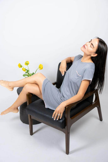 Aspen Dream Night Owl bamboo sleep dress with rose stitching, chest pocket, and relaxed fit for cozy lounging or sleep.