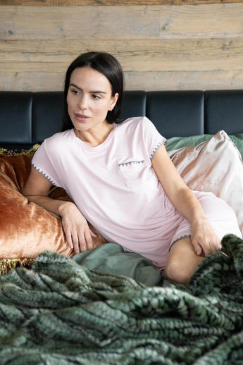 Aspen Dream Rose powder bamboo sleep dress with night owl stitching, chest pocket, and cozy knee-length fit.