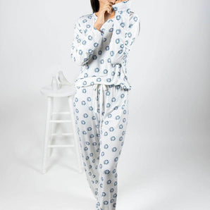 Model wearing Aspen Dream Blue Crabs Print Lounge Set with waist tie
