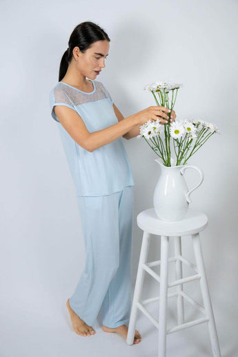 Aspen Dream Nora Ice Melt T-Shirt and Pants Set with lace panel tee and wide-leg bamboo pants for soft, stylish lounging.