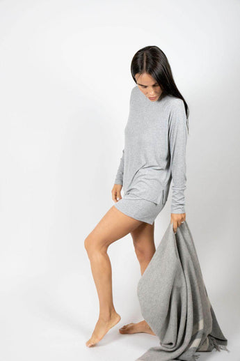 Aspen Dream silver ribbed long sleeve top with relaxed fit and side openings in breathable bamboo for everyday comfort and ease.