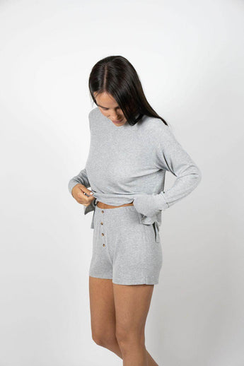 Aspen Dream silver ribbed shorts with golden buttons, pull-on waist, and breathable bamboo fabric for soft, easy comfort.