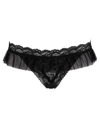 Black lace thong with tulle flounce trim and scalloped waistband, flat view