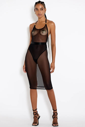 Front view of the Bordelle Zenna Mesh Pencil Skirt in black featuring sheer Italian mesh, a high waist, and a fitted pencil silhouette.