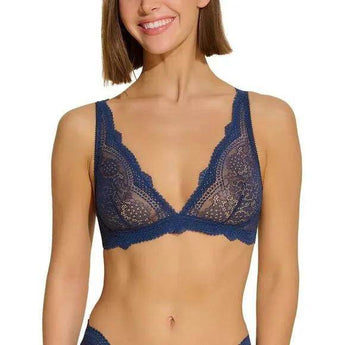 Forte navy wireless bralette with French floral lace, plunge neckline, scalloped edges, and soft triangle cups for a bold, feminine look.