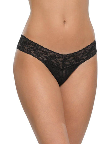 Hanky Panky black rolled signature lace thong with V-front and V-back waistband, one-size fit, low-rise, and gift-ready wrap.