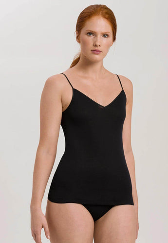 HANRO black seamless V-neck camisole in mercerized cotton with satin trim and adjustable straps, perfect for layering or wearing alone.