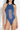 High neck denim jersey bodysuit with mesh cutout and open back, featuring 24k gold detail and halter straps.