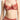 Close-up of red floral lace balconette bra cup with scalloped edge and sheer mesh center