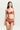 Woman wearing red lace balconette bra with scalloped edge and sheer mesh center