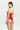 Back view of red lace thong showing minimal coverage cut