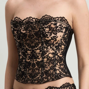 Black floral lace bustier with scalloped neckline and sheer mesh side panel