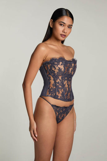Je M'appelle Sophie strapless bustier in blue notte, silk blend with structured fit and soft sheen—perfect for outerwear styling.