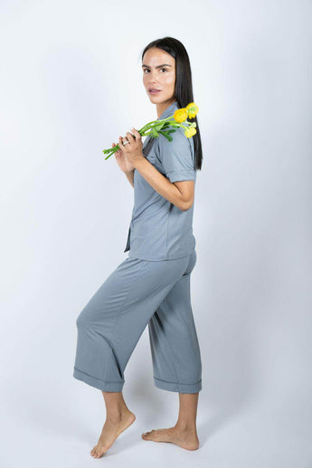 Jolene Night Owl cropped pajama set with short-sleeve top, cropped pants, and ruffled piping in soft, breathable bamboo fabric.