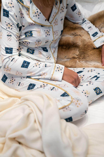 Jolene long pajama set in hand-drawn Presents print with ankle-length pants and exclusive piping on ultra-soft bamboo fabric.