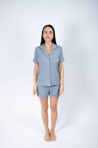 Jolene Night Owl short pajama set with ruffled piping, short-sleeve top, and longer shorts in breathable bamboo fabric.