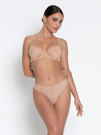 Front view of Lise Charmel Revelation Beauté sheer tulle thong in nude color