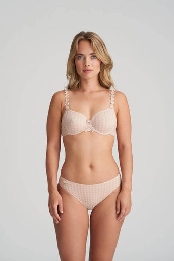 Marie Jo Avero seamless non-padded bra in nude with underwire, check fabric, and daisy straps.