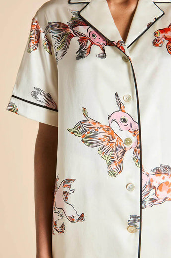 Olivia von Halle Ingo Cora ivory silk short pajama top with goldfish print and black piping