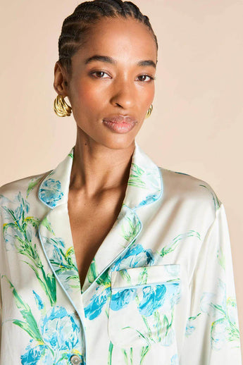 Olivia von Halle Lila Asterias ivory silk pajama top with blue piping and starfish floral print