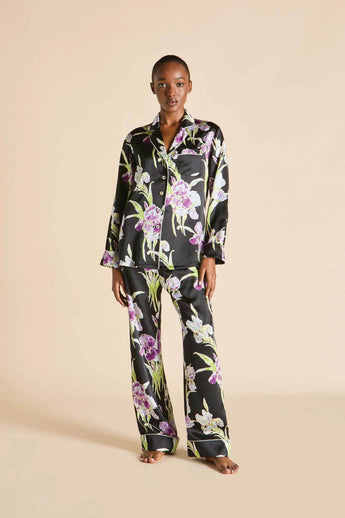 Olivia von Halle Lila Athena black silk pajamas with vintage floral print and blue piping