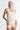 Model wearing Oscalito wool and silk lace tank top in ivory showing lace neckline.