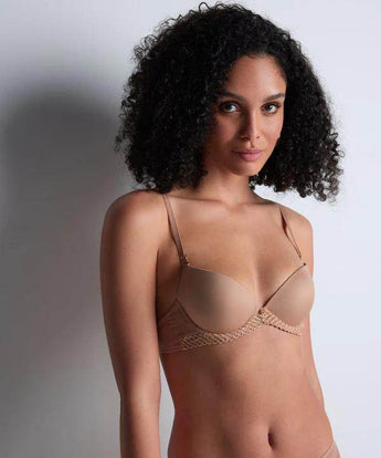Sheer Emotion beige push-up bra with gold embroidery and tulle back