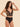 Black bodysuit with plunging embroidered tulle bodice, sheer mid section, and high cut microfiber bikini bottom