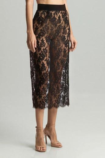 Close-up of Tokyo Evenings black Chantilly lace skirt, front view by ID Sarrieri