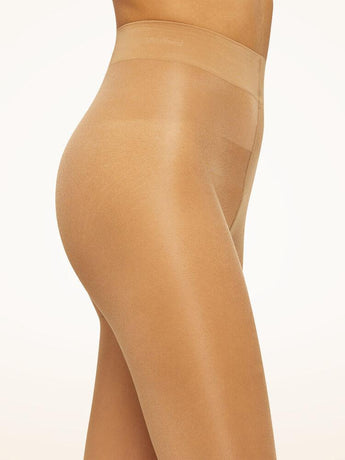 Close-up of Wolford Satin Touch 20 Comfort Tights in gobi showing satin texture and fine knit