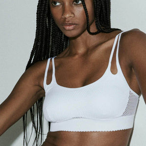 Andres Sarda Payne white padded bralette with mesh detail and monogram elastic band