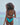 Back side of model wearing open-back structured turquoise-red swimsuit.