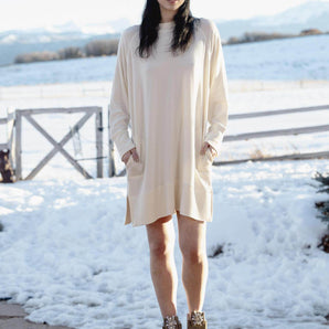 Aspen Dream Cashmere cozy dress with relaxed fit and pockets, crafted from soft cloud-like fabric for sleep and lounge.