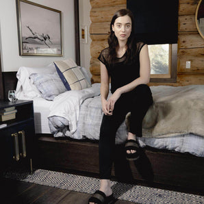 Aspen Dream Nora Black T-Shirt and Pants Set with lace detail and wide-leg bamboo pants for breathable, modern loungewear.