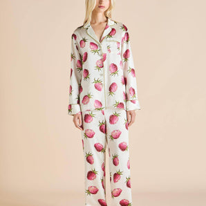 Silk long pajama set in Blythe print with iridescent buttons and piped trims, from Olivia von Halle’s bestselling Lila collection.
