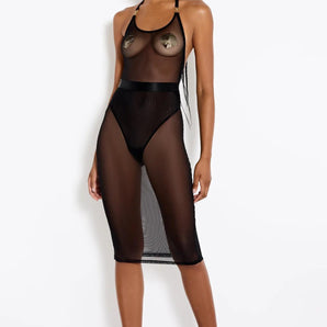 Front view of the Bordelle Zenna Mesh Pencil Skirt in black featuring sheer Italian mesh, a high waist, and a fitted pencil silhouette.
