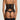 Back view of black embroidered basque with hook and eye closure, adjustable straps, and suspender straps, with matching thong