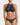 Woman wearing the Coco de Mer Tamara high neck lace bustier with matching Brazilian brief in sapphire blue French Leavers lace.