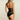 Back view of black bodysuit with sheer mesh back, adjustable straps with gold tone hardware, and V shaped waistband