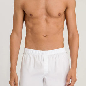 HANRO Fancy Woven Cotton Boxer in white for men with a relaxed fit, button fly, and elastic waistband, front view.