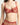 Close-up of red floral lace balconette bra cup with scalloped edge and sheer mesh center