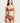Woman wearing red lace balconette bra with scalloped edge and sheer mesh center