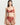 Red floral lace suspender belt, front view with garter straps attached to stockings