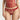 Close-up of red floral lace thong front panel with satin side straps