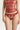 Close-up of red floral lace thong front panel with satin side straps