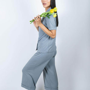 Jolene Night Owl cropped pajama set with short-sleeve top, cropped pants, and ruffled piping in soft, breathable bamboo fabric.