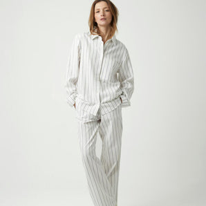 Blue pinstripe cotton pajama set with button-down shirt and wide-leg pants