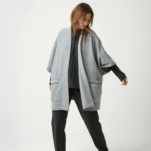 Grey chine open-front cover robe with dolman sleeves and front patch pockets
